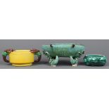 (lot of 3) Chinese porcelain washers: one with a yellow body flanked by aubergine bat form