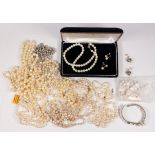 Collection of cultured pearl, gold, silver and metal jewelry Including 3) cultured pearl and 14k