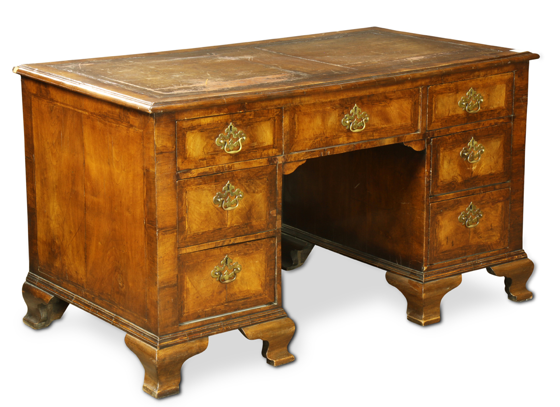 George III desk circa 1770, executed in walnut, having reticulated brass pulls, the fronts with - Image 2 of 5