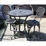 (lot of 3) French bistro style outdoor dining suite, consisting of a table having a circular pierced