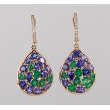 Pair of tanzanite, emerald and 14k rose gold earrings Featuring (14) varying shaped emeralds,