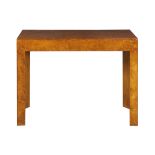 Modern Italian olive wood burl occasional table, having a rectangular form and rising on chamfered