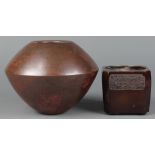 (lot of 2) Japanese patinated bronze censer and vase: rounded rectangular censer with decorative