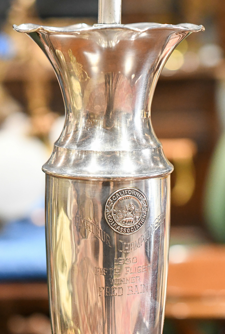 Mid Century trophy form lamp, having an urn form with California Golf Association medallion, 25"h - Image 2 of 2
