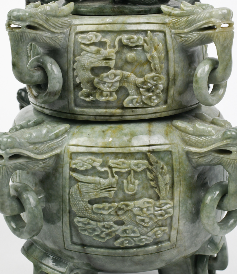 Chinese hardstone two-tiered lidded censer, carved with dragon reserves and dragon head handles - Image 10 of 10