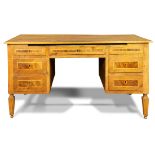George III desk circa 1780, the marquetry decorated case with burl reserves fronting the six
