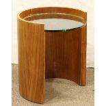 Modern demilune occasional table, having an inset glass top, above the shaped base, 20"h