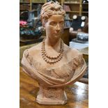 Continental terra cotta figural bust, depicting a lady wearing a lace top, rising on a rectangular