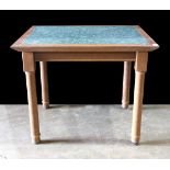 Classical style occasional table, having a marbelized top, above turned legs, 29"h x 36"w x 30"d