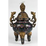 Chinese cloisonne tripod censer, with a domed lid with openwork dragon finial, the censer flanked by