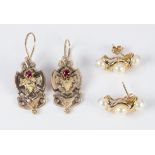 (Lot of 2) Pairs of cultured pearl, ruby and 14k yellow gold earrings Including 1) pair of Victorian