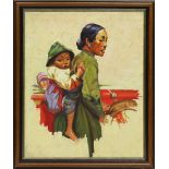 American Illustration School (20th century), Mother and Child (in Front of Red Automobile), oil on