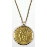 US $20 gold coin, 14k yellow gold pendant-necklace Featuring (1) US $20 double eagle, 1890 gold