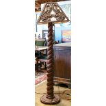 Spanish Revival carved floor lamp circa 1920, having a carved wood barley twist standard and