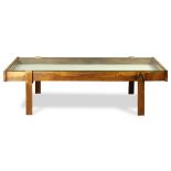 Modern rosewood display coffee table, having a rectangular glass top, above square legs, 15.5"h x