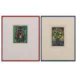 "Smiling" and "Lopez Apple Tree," 1990, color linocuts, each signed "Diana Bower", dated and titled,