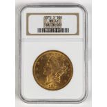 United States 1876 $20 Liberty gold coin, with a PCGS grade of MS 61.