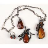 (Lot of 4) Amber, coral and silver jewelry Including 1) amber drop and silver flower pendant (marked