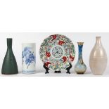 (lot of 5) Japanese imari plate, 19th century; stick neck vase, early 20th century, flower and