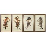 (lot of 4) Indonesian wooden shadow puppets, with pigment accents, with articulated limbs,
