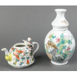 (lot of 2) Chinese enameled porcelain: first a dome form teapot with butterflies and squash vines;