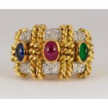 Multi-stone, diamond and 18k yellow gold ring Featuring (1) oval ruby cabochon, (1) oval sapphire