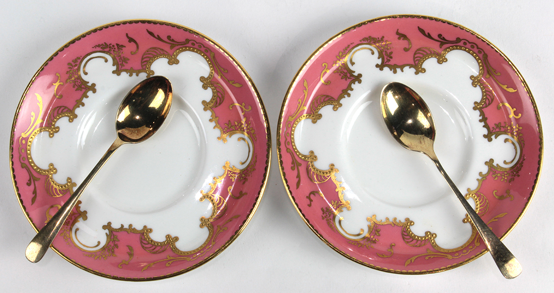 Cased Royal Crown Derby demitasse set for six, having a pink border with gilt accents on a white - Image 3 of 5