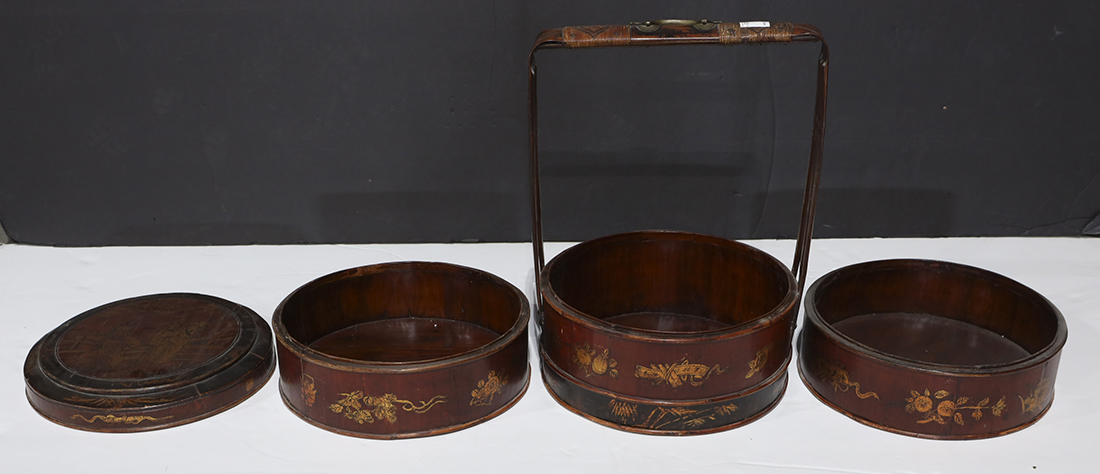 Chinese three tiered food basket, the circular lid featuring three figures in gilt, 23.75"h - Image 2 of 4