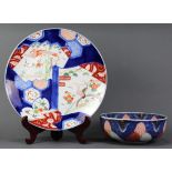 (lot of 2) Japanese large Imari charger decorated with cranes and seasonal motifs; together with a