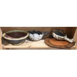 (lot of 7) Art pottery group, including a bowl, two vessels with spout, and four patinated metal