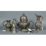 (lot of 5) Group of Asian metal ware, consisiting of two Himalayan ewers and one ghanta (bell); a