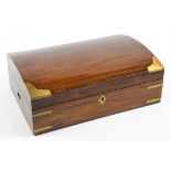 English campaign style mahogany table top chest, the domed top accented with brass inlay, the case