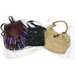 (lot of 3) Fashion handbag group, including a tan color Sak hobo bag, backpack with woven body and