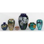 (lot of 6) Lundberg Studios paperweight vase group, five by Daniel Salazar, the largest decorated