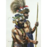 Stephen Kaiwe (Australian, 20th century), Two Papua New Guinea Tribesmen, oil on paper, signed lower