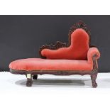 Victorian miniature recamiere, having a carved crest above the red velvet upholstery, and rising