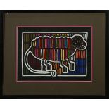 (lot of 2) Framed mola embroidered textiles, each executed in multiple colors, overall19"h x 24"w