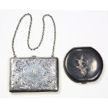 (lot of 2) Sterling silver antique evening purse and antique Siamese compact, the compact with