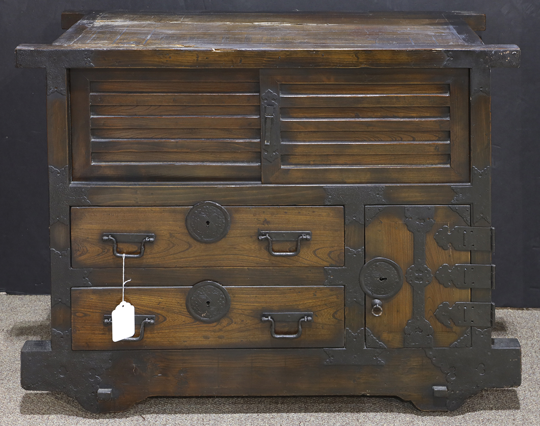 Japanese kuruma dansu (wheeled tansu chest), 19th century, sliding door section above hinged door