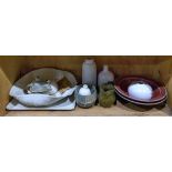 One shelf of art pottery, including center bowls, and pitchers, together with (6) Heath pottery