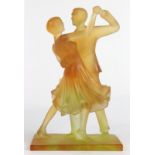 French pate de verre figural sculpture, depicting a dancing couple, executed in amber and marked