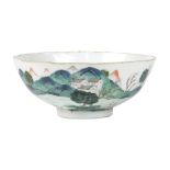 Chinese enameled porcelain bowl, featuring a riverside landscape with pavilions on the bank and