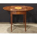 Federal style marquetry decorated pembroke table by Baker, having an inlaid top with D form drops,