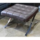 Mies Van Der Rohe style brown leather ottoman, with a button tufted seat, rising on chrome legs,