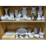 Two shelves of mostly Belleek table articles including vases, pitchers, etc., with various date