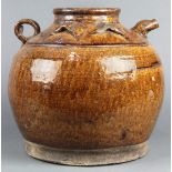 Chinese large brown glazed storage jar, the shoulder of globular body with a spout and lug