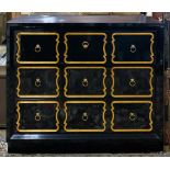 Kindel Hollywood Regency style black lacquered dresser, Grand Rapids, Michigan, the three drawer