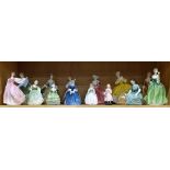 One shelf of Royal Doulton figurines, including "Fleur," "Gay Morning," and "Cherie," etc.