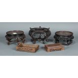 (lot of 5) Chinese wood stands, consisting of two rectangular plinths, and three footed circular top