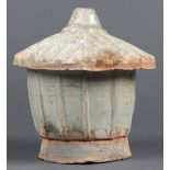 Chinese celadon glazed covered jar, in the form of a granary, with a thatched roof form lid and